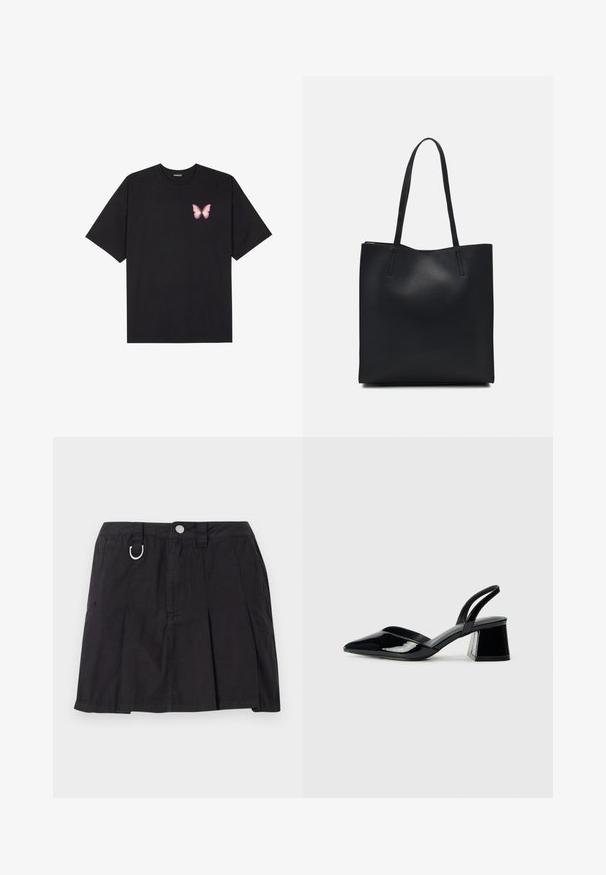 Fekete pamut póló rövid ujjakkal, bal mellkason egy kis rózsaszín pillangó grafikával. Kerek nyakú kialakítás, laza fazonnal.; Fekete pliszírozott szoknya, pamutból készült, elülső gombos záródással, övhurkokkal és D-gyűrűs díszítéssel a derékon.; Fekete lakk bőr szandálkés magas sarkú cipő, hegyes orral és geometrikus tömbsarkakkal. Karcsú, minimalista dizájn és sima textúra jellemzi.; Fekete bőrtáska sima felszínnel, téglalap alakú, két hosszú füllel. Nincs látható fémkiegészítő vagy díszítés.