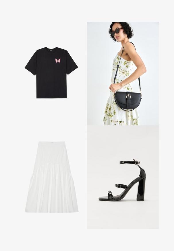 Musta puuvillapaita lyhyillä hihoilla, jossa on pieni vaaleanpunainen perhosgrafiikka vasemmassa rinnassa. Pyöreä kaula-aukko ja rento istuvuus.; Valkoinen, polvimittainen hame, joka on valmistettu puuvillasta. Siinä on koolla yhteenkerätty vyötärö, sileä pinta ja yksinkertainen, klassinen A-linjainen siluetti.; Musta kiiltävä korkokenkä sandaalit neliönmuotoisella varpaalla, nilkkaremmillä ja hopeisilla soljilla. Varustettu tukevalla lohkokorkealla vakauden takaamiseksi.; Musta nahkainen käsilaukku, joka on kaareva muotoilultaan, irrotettavalla hihnalla ja kultaisilla yksityiskohdilla. Laukussa on läppä, jossa on solk yksityiskohta.