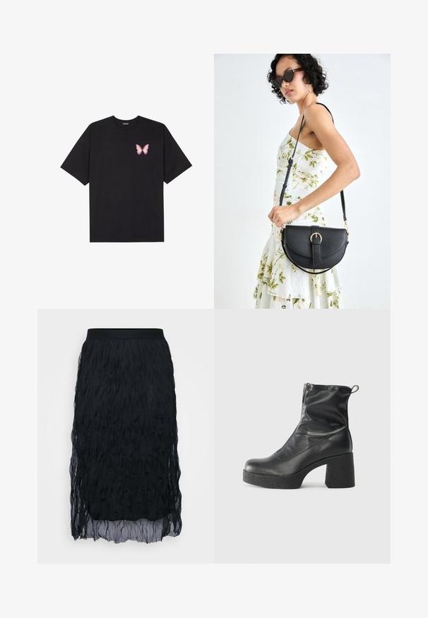 T-shirt de algodão preto com mangas curtas, apresentando um pequeno gráfico de borboleta rosa no lado esquerdo do peito. Design de gola redonda com um corte solto.; Saia preta com uma textura franzida, apresentando uma cintura sólida. O design é até ao joelho, com uma silhueta fluida e em camadas.; Botas de tornozelo pretas feitas de couro liso, com fecho lateral, salto grosso texturizado e design de bico arredondado.; Bolsa de couro preta com forma curva, alça destacável e detalhes em dourado. A bolsa possui uma aba com detalhe de fivela.
