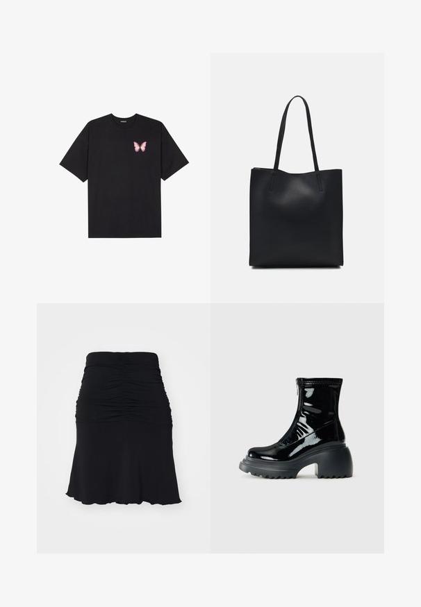 Črna bombažna majica s kratkimi rokavi, ki ima majhen roza metuljček na levi strani prsnega dela. Majica s krožnim ovratnikom in sproščenim krojem.; Noisy May NMSANDY RUCHED SHORT SKIRT VIP - Krilo A-kroja - black; Svetleče črne platforme gležnarji z zaobljenim nosom, masivnim peto, zadrgo in debelim rebrastim podplatom na beli podlagi.; Črna usnjena torba s svilnato teksturo, pravokotne oblike in dvema dolgima ročajema. Brez vidnih metalnih delov ali okrasnih elementov.