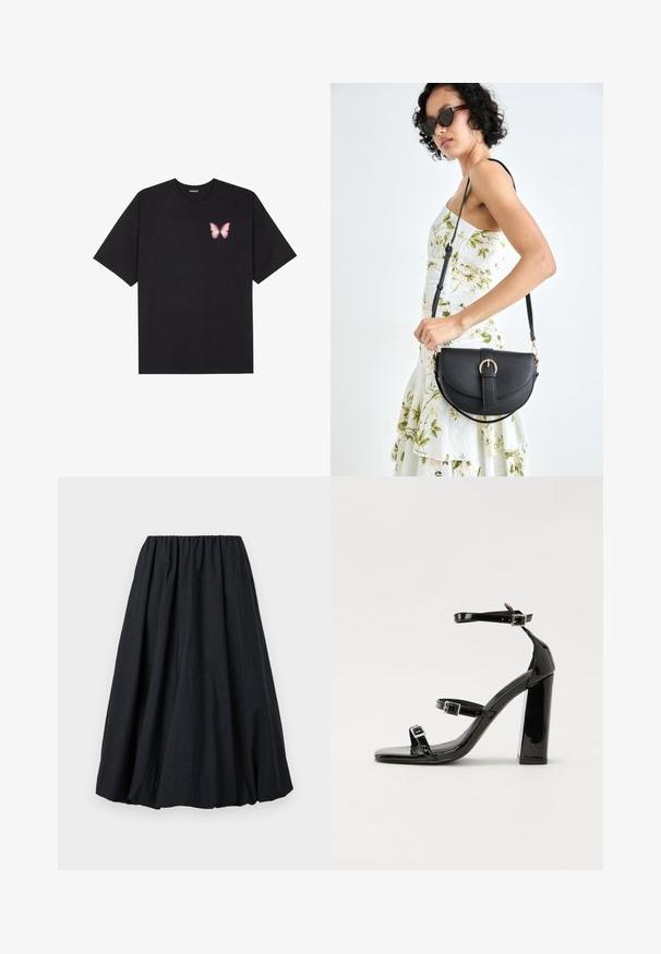 Svart bomulls T-skjorte med korte ermer, med en liten rosa sommerfugl grafikk på venstre bryst. Crew-neck design med en avslappet passform.; Svart skjørt med elastisk midje, kne-lengde, laget av teksturert stoff, med en full silhuett og subtile draperinger.; Svart høyglans sandaler med hæl, firkantet tå, ankelremmer og sølvspenner. Har en kraftig blokkhæl for stabilitet.; Svart lærveske med en buet form, avtagbar stropp og gullbeslag. Vesken har et klaff med spenne-detall.