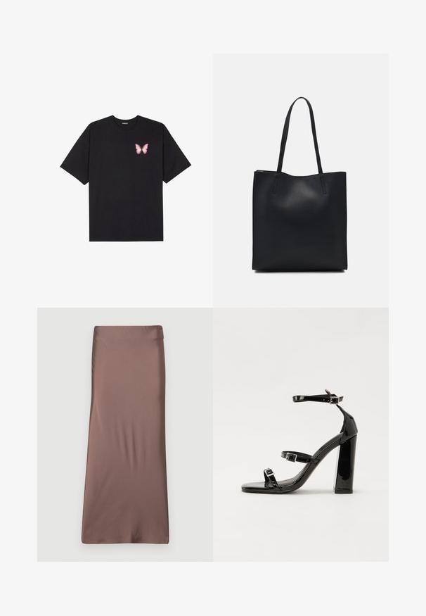 Black cotton t-shirt with short sleeves, featuring a small pink butterfly graphic on the left chest. Crew neck design with a relaxed fit.; Brown satin midi skirt with a smooth texture, fitted silhouette, and a waistband. No visible patterns or accents.; Black patent heeled sandals with a square toe, ankle straps, and silver buckles. Features a chunky block heel for stability.; Black leather tote bag with smooth texture, rectangular shape, and two long handles. No visible hardware or embellishments.