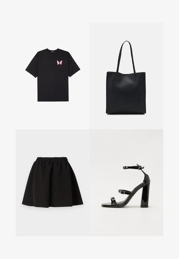 Fekete pamut póló rövid ujjakkal, bal mellkason egy kis rózsaszín pillangó grafikával. Kerek nyakú kialakítás, laza fazonnal.; Fekete, harangszoknya, puha, rugalmas anyagból készült, gumi derékkal. A szoknya széle a comb közepénél magasabban van, így könnyű mozgást biztosít.; Fekete lakk magas sarkú szandál négyzet alakú orral, bokapántokkal és ezüst csatokat tartalmaz. Masszív blokk sarka a stabilitásért felel.; Fekete bőrtáska sima felszínnel, téglalap alakú, két hosszú füllel. Nincs látható fémkiegészítő vagy díszítés.