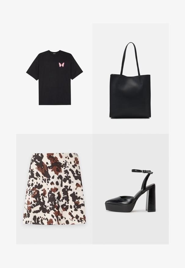 T-shirt en coton noir à manches courtes, avec un petit graphique de papillon rose sur la poitrine gauche. Modèle à col rond avec une coupe décontractée.; Jupe courte avec un motif tacheté de vache en crème, marron et noir. Fabriquée en tissu doux, elle présente un design droit et ajusté avec une légère élasticité.; Escarpins noirs à plateforme avec un bout pointu et une sangle réglable à la cheville. Conçus en cuir lisse, avec un large talon bloc.; Sac fourre-tout en cuir noir avec une texture lisse, de forme rectangulaire et deux longues poignées. Pas de matériel ou d'ornementations visibles.