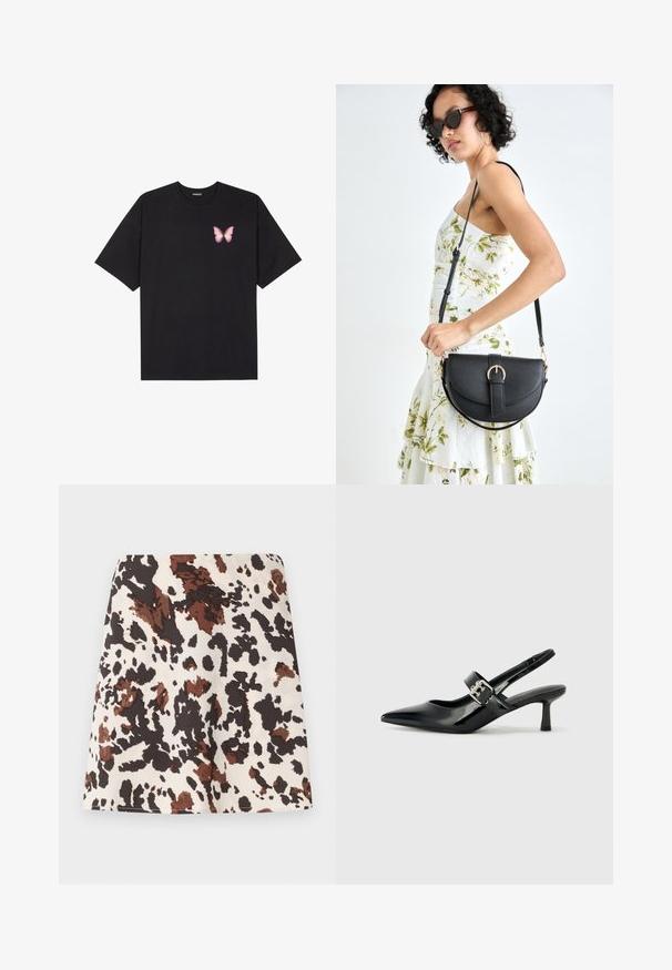 Black cotton t-shirt with short sleeves, featuring a small pink butterfly graphic on the left chest. Crew neck design with a relaxed fit.; Short skirt with a cow-print pattern in cream, brown, and black. Made from soft fabric; features a straight, fitted design and slight stretch.; Black patent leather slingback heels with a pointed toe and a small block heel, featuring a silver buckle accent on the strap.; Black leather handbag with a curved shape, detachable strap, and gold hardware. The bag features a flap with a buckle detail.