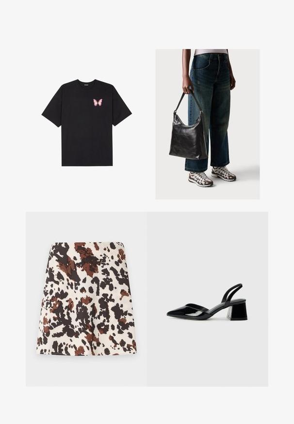 T-shirt de algodão preto com mangas curtas, apresentando um pequeno gráfico de borboleta rosa no lado esquerdo do peito. Design de gola redonda com um corte solto.; Mini saia com padrão de mancha de vaca nas cores creme, castanho e preto. Feita em tecido macio; apresenta um design reto, ajustado e ligeira elasticidade.; Sandy em verniz preto com salto slingback, ponta afilada e salto geométrico. Apresenta um design elegante e minimalista com textura suave.; Bolsa de ombro em couro preto com textura suave e alça ajustável, combinada com jeans de perna larga desbotados e ténis desportivos.
