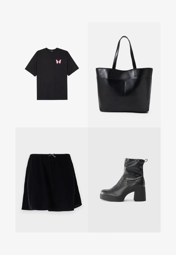 Melna kokvilnas T-krekls ar īsām piedurknēm, kuram priekšā kreisajā pusē ir neliels rozā tauriņa grafiskais attēls. Ar apaļu kaklu un brīvā stila piegriezumu.; Melna svārku, kas izgatavoti no mīksta materiāla, ar elastīgu jostu un nelielu loku aizmugurē. Izplestais dizains ar gludu tekstūru.; Melni potītes zābaki, kas izgatavoti no gludas ādas, ar sānu rāvējslēdzēju, masīvu strukturētu papēdi un noapaļotu purngalu.; Melnas ādas iepirkumu soma ar divām garām rokturām, gludu tekstūru un strukturētu formu. Iekļauj priekšējo kabatu papildu uzglabāšanai.