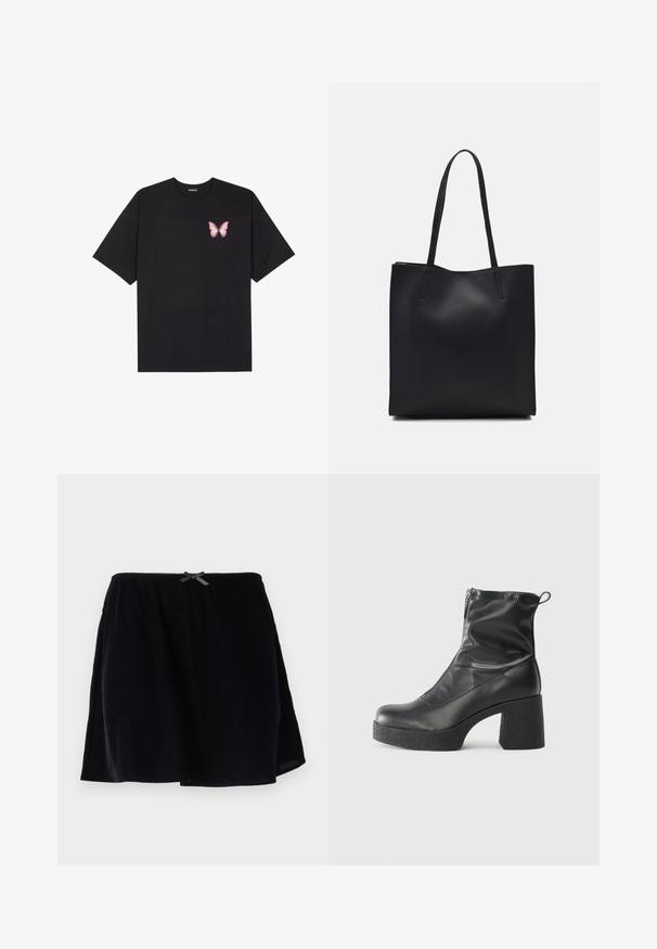 Μαύρο βαμβακερό μπλουζάκι με κοντά μανίκια, διαθέτοντας ένα μικρό ροζ γραφικό πεταλούδας στο αριστερό στήθος. Σχέδιο με στρογγυλή λαιμόκοψη και άνετη εφαρμογή.; Μαύρη φούστα κατασκευασμένη από μαλακό υλικό, με ελαστική μέση και μικρή λεπτομέρεια φιόγκου στο πίσω μέρος. Φλαρησμένο σχέδιο με απλή υφή.; Μαύρες μποτές μέχρι τον αστράγαλο από λείο δέρμα, με πλευρικό φερμουάρ, χοντρό υφασμάτινο τακούνι και στρογγυλή μύτη.; Μαύρη δερμάτινη τσάντα tote με λείο υφή, ορθογώνιο σχήμα και δύο μακριές λαβές. Χωρίς ορατό υλικό ή διακοσμητικά στοιχεία.