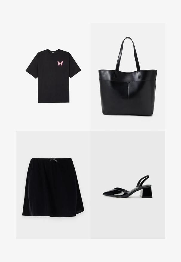 Fekete pamut póló rövid ujjakkal, bal mellkason egy kis rózsaszín pillangó grafikával. Kerek nyakú kialakítás, laza fazonnal.; Fekete szoknya puha anyagból, rugalmas derékrésszel és kis masni díszítéssel a hátsó részen. Fellibbenő fazon, sima textúrával.; Fekete lakk bőr szandálkés magas sarkú cipő, hegyes orral és geometrikus tömbsarkakkal. Karcsú, minimalista dizájn és sima textúra jellemzi.; Fekete bőr bevásárlótáska két hosszú fogantyúval, sima felülettel és strukturált formával. Elülső zseb található rajta a plusz tárolás érdekében.