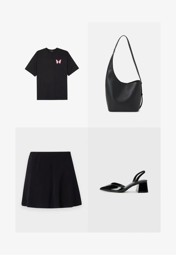 Čierne bavlnené tričko s krátkymi rukávmi, s malým ružovým motýlikom na ľavej hrudi. Design s okrúhlym výstrihom a uvoľneným strihom.; Čierna sukňa nad kolená, vyrobená z ľahkej tkaniny s jemnou textúrou, s rozšíreným strihom a elastickým pásom.; Čierne lakované kožené sandálové podpätky s špicatou špičkou a geometrickým blokovým podpätkom. Disponujú elegantným, minimalistickým dizajnom a hladkým povrchom.; Čierna kožená hobo taška so hladkou textúrou, zakriveným tvarom a jedným nastaviteľným popruhom; má široké otvorenie na vrchu.