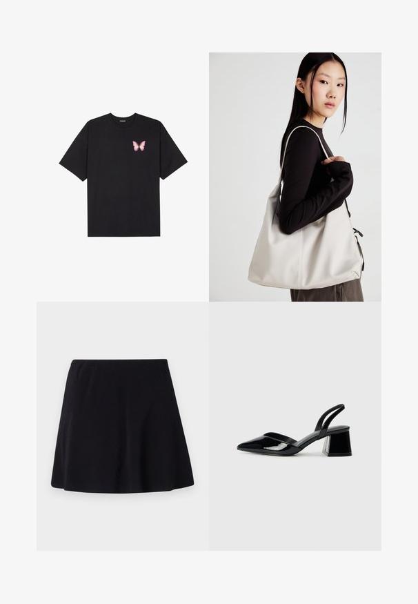 Crna pamučna majica s kratkim rukavima, s malim grafičkim prikazom ružičaste vjetricaste s desne strane na prsima. Dizajn s okruglim izrezom i opuštenim krojem.; Crna suknja, dužine iznad koljena, napravljena od lagane tkanine s suptilnom teksturom, ima lepršavi dizajn i elastičnu struk.; Crne lakirane kožne sandale s otvorenom petom i špicastim vrhom, s geometrijskom blok petom. Imaju elegantan, minimalistički dizajn i glatku teksturu.; Bežna torba od mekog materijala s opuštenim dizajnom, šivanim detaljima i dva remena za rame. Pogodna za svakodnevnu upotrebu.