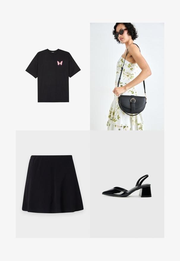 Juodas medvilnės marškinėliai trumpomis rankovėmis, su maža rožine drugelio grafika kairėje krūtinės pusėje. Apvalus kaklo iškirpimas, laisvas kirpimas.; Juoda sijonas, virš kelių ilgio, pagamintas iš lengvos medžiagos su subtilia tekstūra, turi išplatintą dizainą ir elastingą liemenį.; Juodos lakuotos odinės šlepetės su smailiu pirštu ir geometriniu bloko kulnu. Turi elegantišką, minimalistinį dizainą ir lygų paviršių.; Juodas odinis krepšys su išlenkta forma, nuimamu dirželiu ir auksiniais detalėmis. Krepšys turi kilpą su sagtimi.