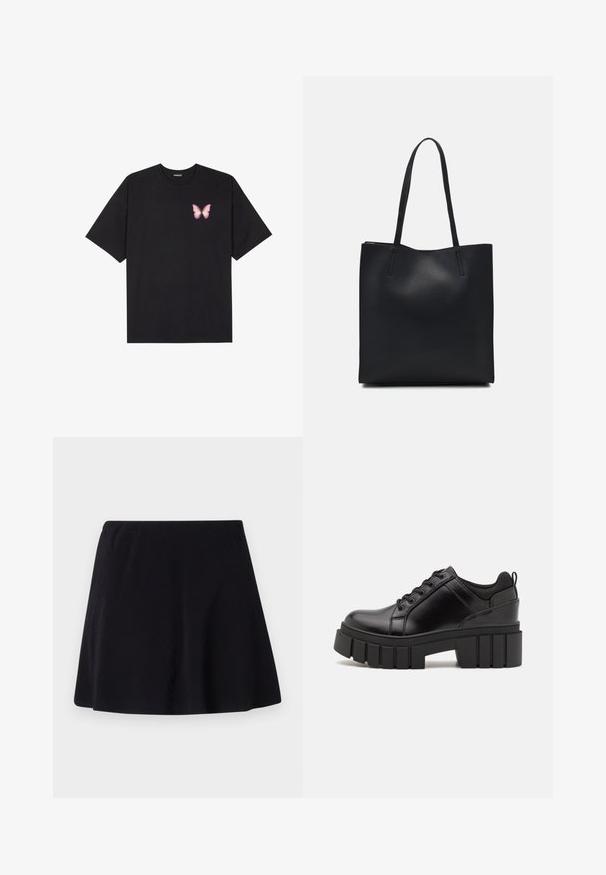 T-shirt en coton noir à manches courtes, avec un petit graphique de papillon rose sur la poitrine gauche. Modèle à col rond avec une coupe décontractée.; Jupe noire, longueur au-dessus du genou, fabriquée dans un tissu léger avec une texture subtile, dotée d'un design évasé et d'une ceinture élastique.; Chaussures à plateforme en cuir noir avec un talon bloc épais, bout rond et un design traditionnel à lacets. Elles présentent une texture lisse et un détail minimal.; Sac fourre-tout en cuir noir avec une texture lisse, de forme rectangulaire et deux longues poignées. Pas de matériel ou d'ornementations visibles.