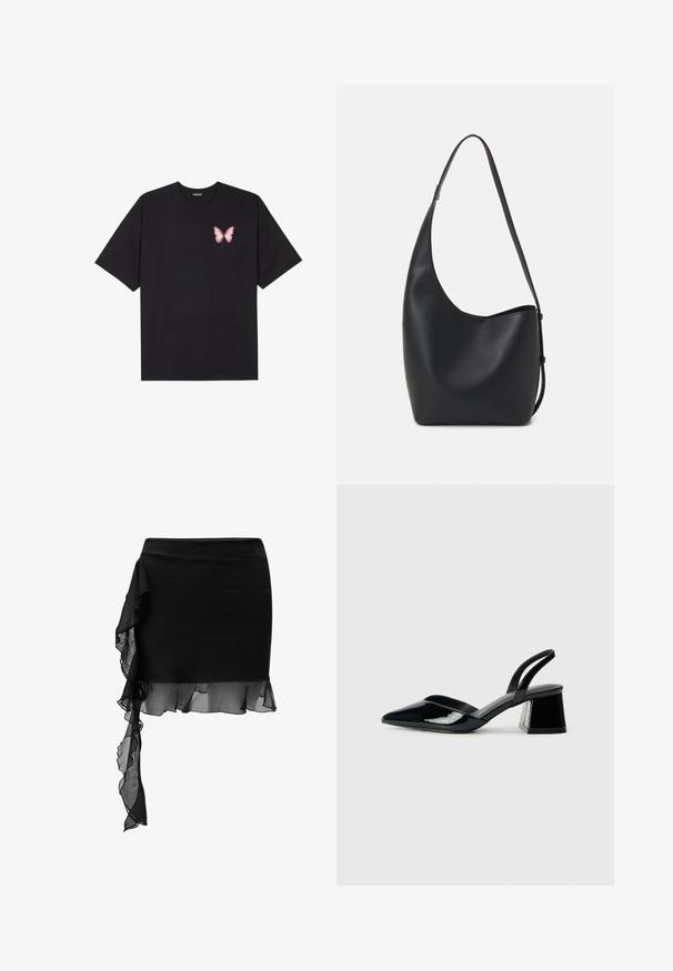 Svart bomullströja med korta ärmar, med en liten rosa fjärilsgrafik på vänster bröst. Rundad halsdesign med en avslappnad passform.; Svart kjol med en figursydd design, som har en genomskinlig volangdetalj som asymmetriskt hänger från midjan till nederkanten. Slät struktur.; Svarta lackläder slingback klackar med spetsig tå och geometrisk klack. Har en elegant, minimalistisk design och slät yta.; Svart läder hobo-väska med en slät textur, kurvig form och en justerbar axelrem; har en bred öppning upptill.