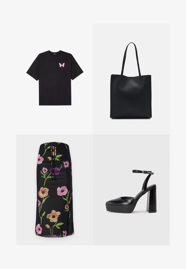 Black cotton t-shirt with short sleeves, featuring a small pink butterfly graphic on the left chest. Crew neck design with a relaxed fit.; Floral-print midi skirt featuring a black background, with large pink, purple, and beige flowers, drawstring closure at the waist, smooth fabric.; Black platform heels with a pointed toe and adjustable ankle strap. Constructed from smooth leather, featuring a chunky block heel.; Black leather tote bag with smooth texture, rectangular shape, and two long handles. No visible hardware or embellishments.