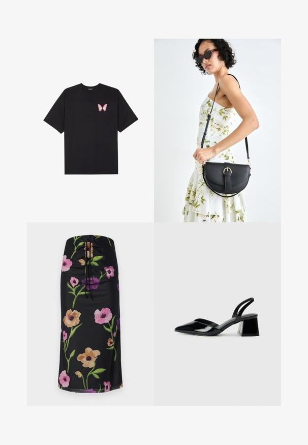 Čierne bavlnené tričko s krátkymi rukávmi, s malým ružovým motýlikom na ľavej hrudi. Design s okrúhlym výstrihom a uvoľneným strihom.; Midi sukňa s kvetinovým vzorom, čierny podklad, veľké ružové, fialové a béžové kvety, sťahovanie na páse, hladká tkanina.; Čierne lakované kožené sandálové podpätky s špicatou špičkou a geometrickým blokovým podpätkom. Disponujú elegantným, minimalistickým dizajnom a hladkým povrchom.; Čierna kožená kabelka s zaobleným tvarom, odnímateľným popruhom a zlatými doplnkami. Kabelka má klopu s detailom s prackou.; Súprava strieborných náušníc s rôznymi dizajnmi: puzety, kruhy a visiéry s iskrivými ozdobami v geometrických a tematických tvaroch.