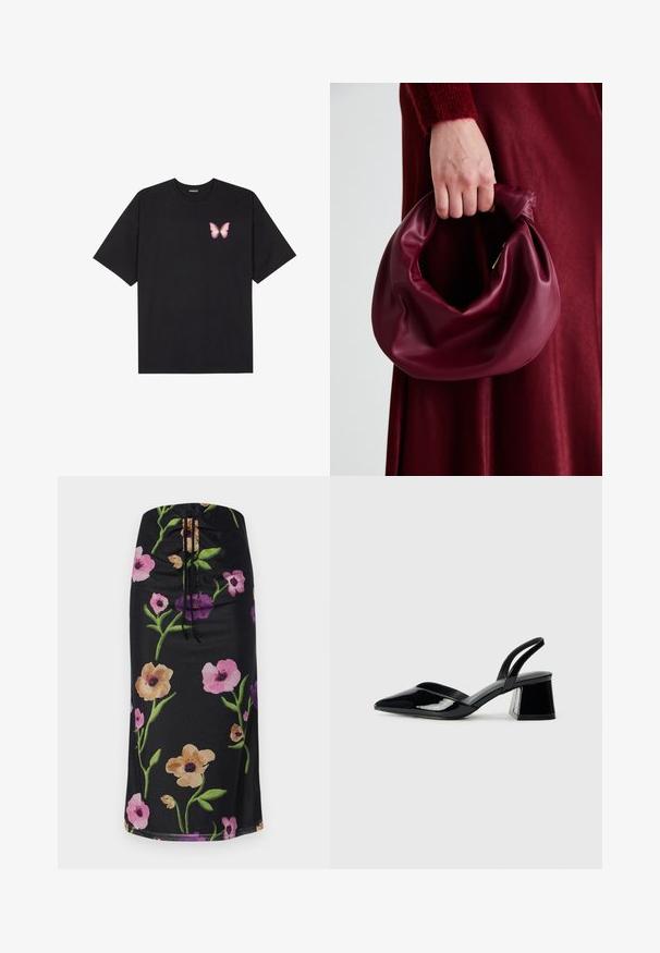 Črna bombažna majica s kratkimi rokavi, ki ima majhen roza metuljček na levi strani prsnega dela. Majica s krožnim ovratnikom in sproščenim krojem.; Midi krilo s cvetnim vzorcem, ki ima črno podlago z velikimi roza, vijoličnimi in bež cvetovi, z vrvico za zategovanje v pasu, iz gladkega blaga.; Črne lakirane slingback pete s koničastim nosom in geometrijsko blokasto peto. Imajo eleganten, minimalističen dizajn in gladko teksturo.; Bordo usnjeni ročni torbici s mehak, nabrana zasnova in okrogla oblika. Ročaj je varen in prikazuje gladko teksturo.