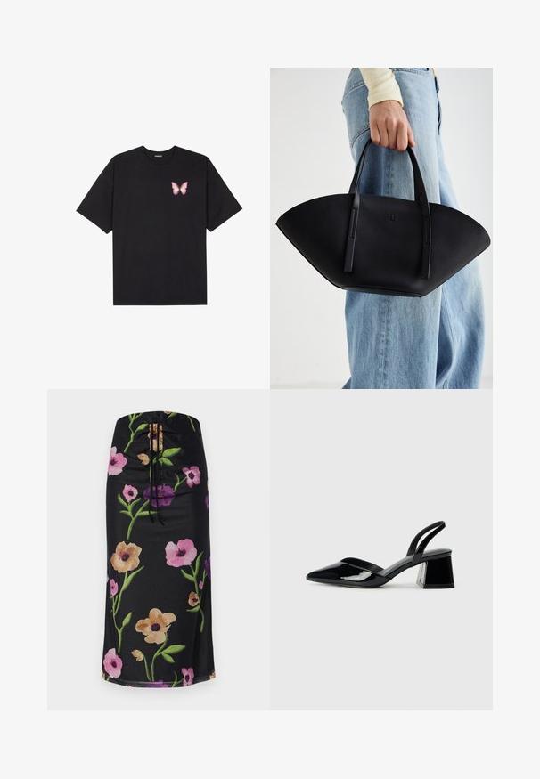 Black cotton t-shirt with short sleeves, featuring a small pink butterfly graphic on the left chest. Crew neck design with a relaxed fit.; Floral-print midi skirt featuring a black background, with large pink, purple, and beige flowers, drawstring closure at the waist, smooth fabric.; Black patent leather slingback heels with a pointed toe and a geometric block heel. Features a sleek, minimal design and smooth texture.; Black leather handbag with a unique fan shape, featuring flat handles. The surface has a pebbled texture and a minimalistic design.