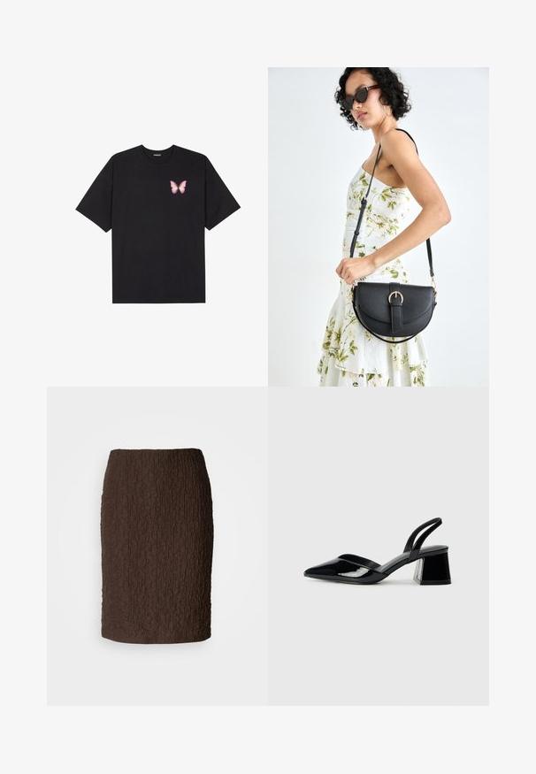 Melna kokvilnas T-krekls ar īsām piedurknēm, kuram priekšā kreisajā pusē ir neliels rozā tauriņa grafiskais attēls. Ar apaļu kaklu un brīvā stila piegriezumu.; Brūna ceļgala garuma svārki, izgatavoti no teksturēta auduma ar sakārtotu virsmu. Raksturīga pieguļoša forma un nav redzamu aizdaru vai akcentu.; Melna lakota āda ar atvērto papēdi, ar smailu purngalu un ģeometrisku blokpapēdi. Iezīmējas elegants, minimāls dizains un gluda tekstūra.; Melnas ādas rokassoma ar izliekta formu, noņemamu siksnu un zelta aksesuāriem. Somai ir vāciņš ar sprādzes detaļu.