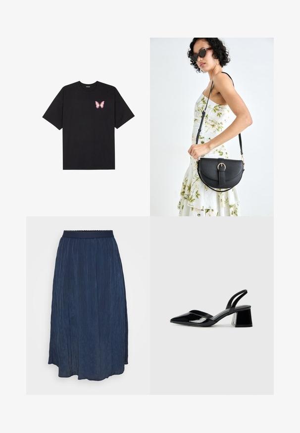 Črna bombažna majica s kratkimi rokavi, ki ima majhen roza metuljček na levi strani prsnega dela. Majica s krožnim ovratnikom in sproščenim krojem.; Mornarsko modra plisirana krila z pasom, ki ima valovite robove. Narejena iz lahkega materiala, krilo ima tekoč dizajn in mehak otip.; Črne lakirane slingback pete s koničastim nosom in geometrijsko blokasto peto. Imajo eleganten, minimalističen dizajn in gladko teksturo.; Črna usnjena torbica s ukrivljeno obliko, z odstranljivo naramnico in zlatimi dodatki. Torbica ima pokrov s podrobnostmi v obliki zaponke.