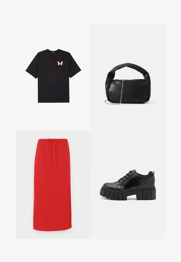Tricou negru din bumbac cu mâneci scurte, având pe partea stângă a pieptului un mic grafic cu un fluture roz. Design cu guler rotund și croială lejeră.; Fustă roșie, până la genunchi, confecționată dintr-un material ușor, cu un tiv elastic și șnur pentru ajustarea dimensiunii. Textură netedă, fără modele vizibile.; Pantofi cu talpă plată din piele neagră, cu toc gros, vârf rotund și design tradițional cu șireturi. Prezintă o textură netedă și detalii minime.; Geantă de piele neagră, cu o formă rotunjită, mânere groase și o curea de lanț argintie. Textură netedă, cu o ușoară strălucire.