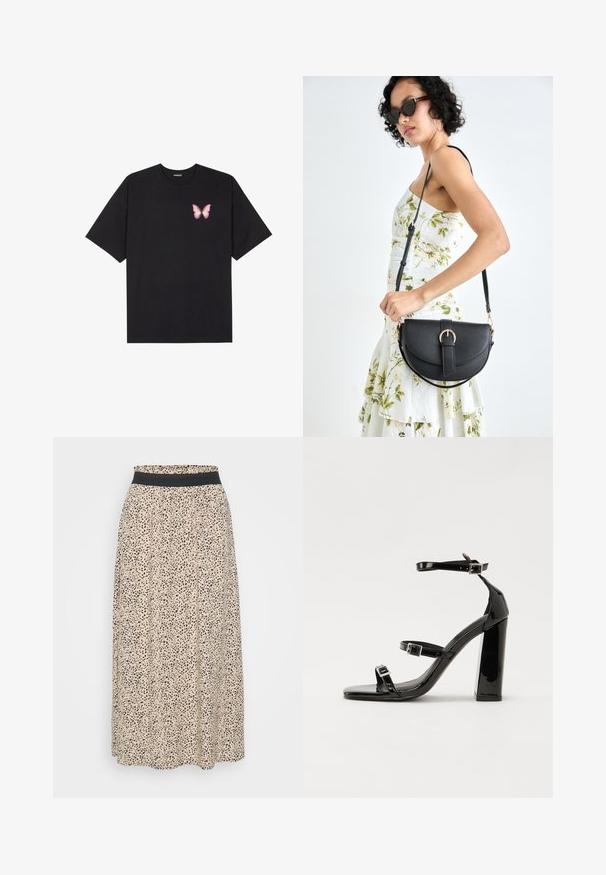 Fekete pamut póló rövid ujjakkal, bal mellkason egy kis rózsaszín pillangó grafikával. Kerek nyakú kialakítás, laza fazonnal.; Krém midi szoknya fekete leopárdmintával, fekete rugalmas derékkal és puha, folyékony anyaggal.; Fekete lakk magas sarkú szandál négyzet alakú orral, bokapántokkal és ezüst csatokat tartalmaz. Masszív blokk sarka a stabilitásért felel.; Fekete bőrtáska ívelt formával, levehető pánttal és arany színű fémrészekkel. A táskán egy csattal díszített fedél található.