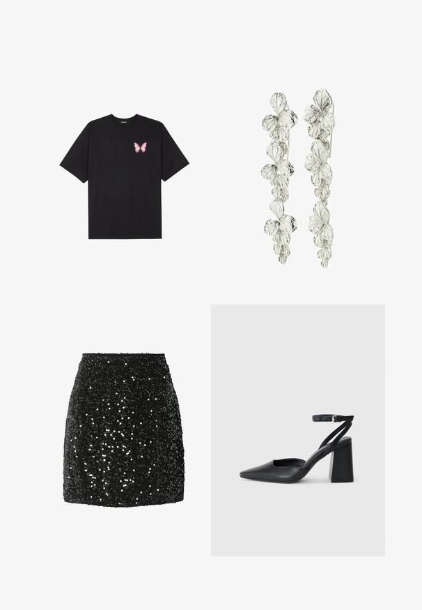 Must muströöpidega must puuvillane T-särk, vasakul rinnal on väike roosa liblikas. Ümar kaelus ja vabalt istuv lõige.; Pieces Miniseelik - black; Mustmustest must-käigukingad, millel on konksuga nöör ja paks konts. Ühtlane tekstuur, stiilne disain ja minimalistlik esteetika.; Hõbedased kõrvakeed, millel on lilleline disain ja kihilised lehed. Tekstuur näeb välja keerukas ja poleeritud, rõhutades looduslikku motiivi.