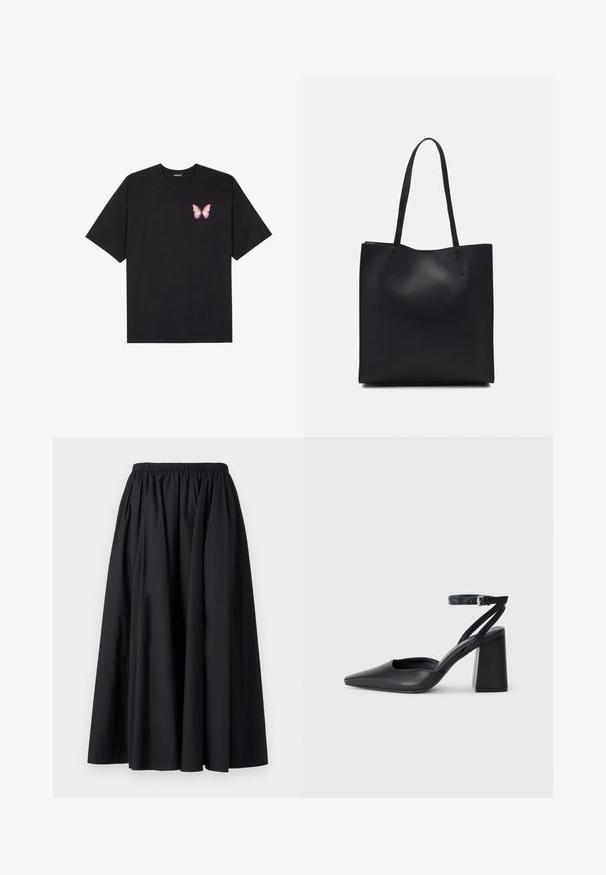 Black cotton t-shirt with short sleeves, featuring a small pink butterfly graphic on the left chest. Crew neck design with a relaxed fit.; Black, long, elastic waist skirt made of smooth fabric with a full, flowing silhouette. No patterns or hardware visible.; Black leather pointy-toe pump with an ankle strap and a chunky heel. Flat texture, sleek design, and minimalistic aesthetics.; Black leather tote bag with smooth texture, rectangular shape, and two long handles. No visible hardware or embellishments.