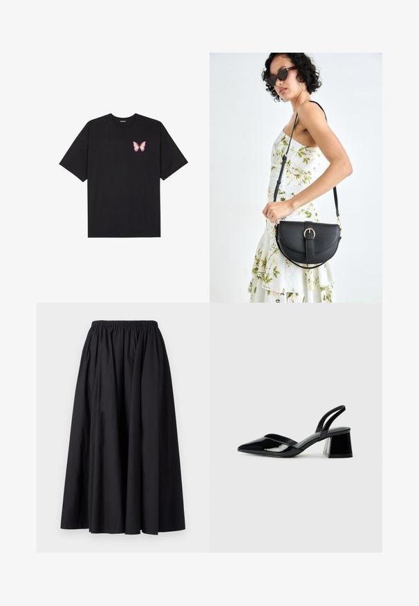 Svart bomulls T-skjorte med korte ermer, med en liten rosa sommerfugl grafikk på venstre bryst. Crew-neck design med en avslappet passform.; Svart, lang, elastisk midje skjørt laget av glatt stoff med en fyldig, flytende silhuett. Ingen mønstre eller maskinvare synlig.; Svarte patentlær slingback hæler med spiss tå og geometrisk blokk hæl. Har et stilrent, minimalistisk design og jevn tekstur.; Svart lærveske med en buet form, avtagbar stropp og gullbeslag. Vesken har et klaff med spenne-detall.