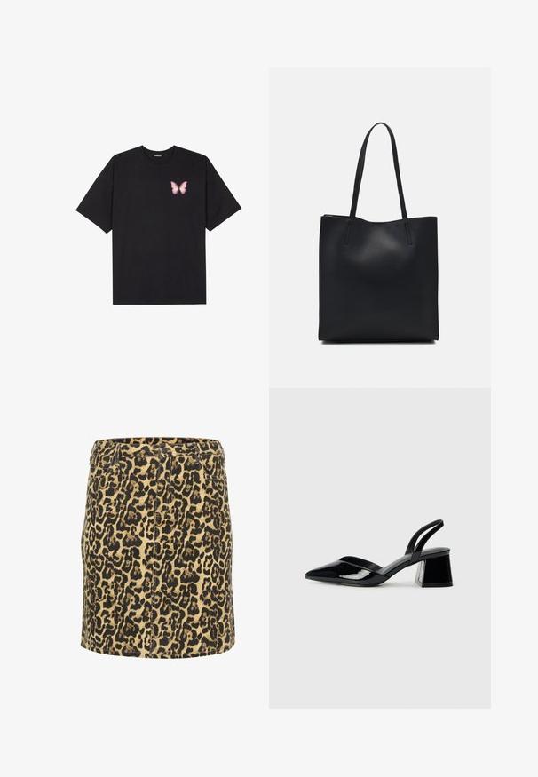 Black cotton t-shirt with short sleeves, featuring a small pink butterfly graphic on the left chest. Crew neck design with a relaxed fit.; Leopard print denim skirt with a fitted design, black and brown pattern on a light beige base, featuring front pockets and a classic waistband.; Black patent leather slingback heels with a pointed toe and a geometric block heel. Features a sleek, minimal design and smooth texture.; Black leather tote bag with smooth texture, rectangular shape, and two long handles. No visible hardware or embellishments.