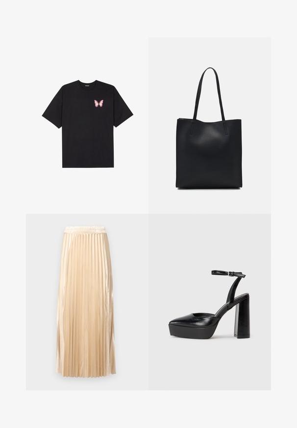 Crna pamučna majica s kratkim rukavima, s malim grafičkim prikazom ružičaste vjetricaste s desne strane na prsima. Dizajn s okruglim izrezom i opuštenim krojem.; Suknja midi kroja s plitkim naborima u svijetloj bež satenskoj tkanini, s elastičnom strukom i glatkom teksturom, a vertikalne pruge dodatno ističu njezin dizajn.; Crne platforme s potpeticom s oštrim vrhom i podešivom naramenicom. Izrađene od glatke kože, s masivnom blok petom.; Crna kožna torba za nošenje s glatkom teksturom, pravokutnim oblikom i dvije duge ručke. Nema vidljivih metalnih dijelova ili ukrasa.