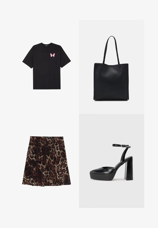 Černé bavlněné tričko s krátkým rukávem, na levém prsou s malou grafikou růžové motýlky. Design s kruhovým výstřihem a volným střihem.; Midi sukně s leopardím vzorem a řaseným designem, s béžovým základem a tmavě hnědými a černými skvrnami. Elastický pas pro lepší přizpůsobení.; Černé platformové podpatky s špičatou špičkou a nastavitelným kotníkovým popruhem. Vyrobeny z hladké kůže, s masivním blokovým podpatkem.; Černá kožená taška přes rameno s hladkým povrchem, obdélníkovým tvarem a dvěma dlouhými uchy. Žádné viditelné kování ani ozdoby.