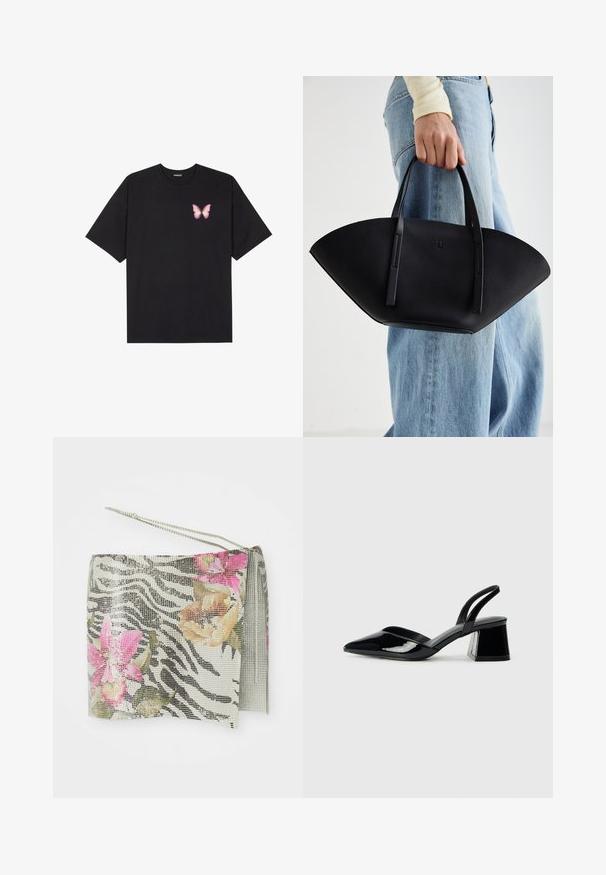 Fekete pamut póló rövid ujjakkal, bal mellkason egy kis rózsaszín pillangó grafikával. Kerek nyakú kialakítás, laza fazonnal.; Zebra mintázatú táska fémes hálós anyagból, rózsaszín és narancssárga virágos díszítéssel. Ezüst láncos pánttal és bojt részlettel rendelkezik.; Fekete lakk bőr szandálkés magas sarkú cipő, hegyes orral és geometrikus tömbsarkakkal. Karcsú, minimalista dizájn és sima textúra jellemzi.; Fekete bőr kézitáska egyedi legyezőformával, lapos füllel. A felülete kőriszerű textúrájú és minimalista dizájnnal rendelkezik.