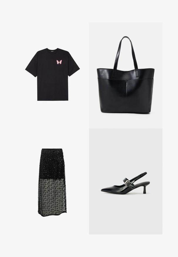 Zwarte katoenen t-shirt met korte mouwen, voorzien van een kleine roze vlinder graphic op de linkerkant van de borst. Crew neck ontwerp met een relaxte fit.; Zwarte maxi-jurk met pailletten met een doorschijnende onderlaag met bloemenpatronen. De top is effen zwart, met een getailleerde tailleband en een vloeiende ontwerp.; Zwarte gepatineerde leren slingback hakken met een puntige neus en een kleine blokhak, met een zilveren gespaccent op de band.; Zwarte leren tote bag met twee lange handvatten, een zachte textuur en een gestructureerde vorm. Voorzien van een voorvak voor extra opslagruimte.