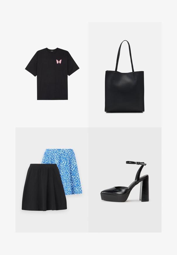 T-shirt de algodão preto com mangas curtas, apresentando um pequeno gráfico de borboleta rosa no lado esquerdo do peito. Design de gola redonda com um corte solto.; Duas saias: uma preta, feita de tecido macio; a outra azul com um padrão de estampado de leopardo, apresentando um cós elástico para conforto.; Saltos altos pretos com bico fino e atilho ajustável no tornozelo. Confeccionados em couro suave, apresentam um salto bloco robusto.; Bolsa tote preta em couro com textura lisa, forma retangular e duas alças longas. Sem hardware ou enfeites visíveis.