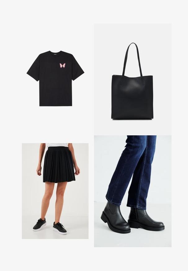 Juodas medvilnės marškinėliai trumpomis rankovėmis, su maža rožine drugelio grafika kairėje krūtinės pusėje. Apvalus kaklo iškirpimas, laisvas kirpimas.; Juoda klostuota sijonas su aukštu liemeniu ir lygiu paviršiumi, derinamas su juodais sportbačiais, turinčiais baltus padus.; Juoda odinė kulkšninių botų su storu padu ir šoninėmis elastinėmis detalėmis, derinama su tamsiai mėlynomis džinsais. Žemė šviesios spalvos.; Juodas odinis tote krepšys su lygia tekstūra, stačiakampio formos ir dviem ilgais rankenomis. Matomų metalinių detalių ar puošybos nėra.