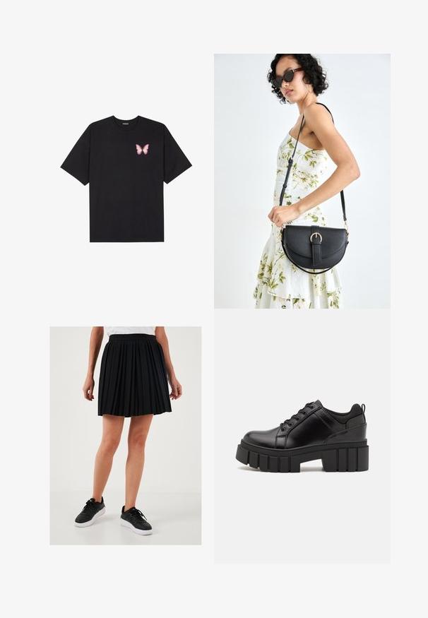 Melna kokvilnas T-krekls ar īsām piedurknēm, kuram priekšā kreisajā pusē ir neliels rozā tauriņa grafiskais attēls. Ar apaļu kaklu un brīvā stila piegriezumu.; Melnā plisētā svārku ar augsto jostasvietu un gludu tekstūru, savienots ar melniem sporta apaviem ar baltām zole.; Melnas ādas platformas kurpes ar masīvu bloku papēdi, apaļu purngalu un tradicionālu saistīšanas dizainu. Izceļas ar gludu tekstūru un minimālu apdari.; Melnas ādas rokassoma ar izliekta formu, noņemamu siksnu un zelta aksesuāriem. Somai ir vāciņš ar sprādzes detaļu.