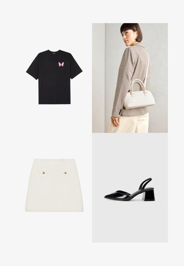 Črna bombažna majica s kratkimi rokavi, ki ima majhen roza metuljček na levi strani prsnega dela. Majica s krožnim ovratnikom in sproščenim krojem.; Bela mini krila iz tweeda z teksturiranim finišem, ki ima dve zadnji žep in zlate gumbe kot poudaritev. Rob je rahlo razfrkan.; Črne lakirane slingback pete s koničastim nosom in geometrijsko blokasto peto. Imajo eleganten, minimalističen dizajn in gladko teksturo.; Bela strukturirana torba z kratkimi ročaji in naramnim trakom, z zlatimi okrasnimi elementi in teksturiranim materialom, prikazana na sivi podlagi.