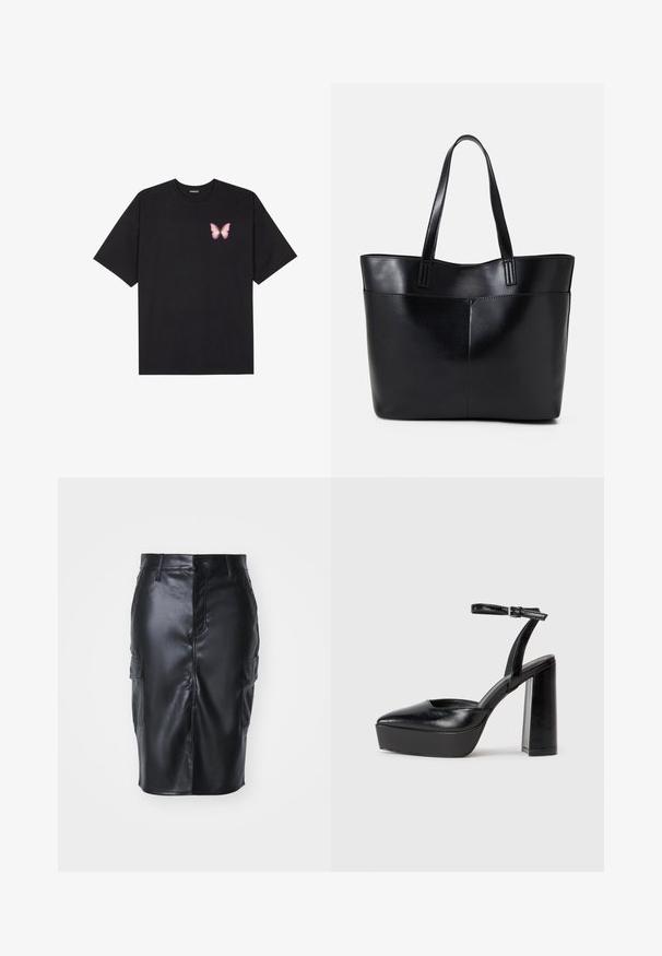 T-shirt en coton noir à manches courtes, avec un petit graphique de papillon rose sur la poitrine gauche. Modèle à col rond avec une coupe décontractée.; Jupe crayon en simili cuir noir de longueur mi-longue, dotée d'une fermeture à boutons devant et de deux poches cargo sur les côtés. Texture lisse.; Escarpins noirs à plateforme avec un bout pointu et une sangle réglable à la cheville. Conçus en cuir lisse, avec un large talon bloc.; Sac fourre-tout en cuir noir avec deux longues poignées, une texture lisse et une forme structurée. Dispose d'une poche avant pour un rangement supplémentaire.