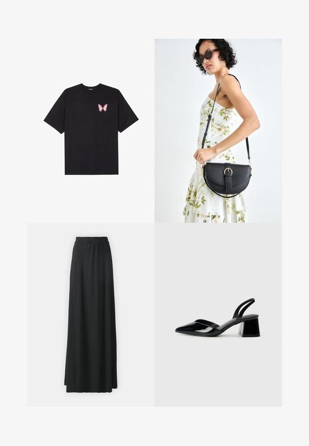 Juodas medvilnės marškinėliai trumpomis rankovėmis, su maža rožine drugelio grafika kairėje krūtinės pusėje. Apvalus kaklo iškirpimas, laisvas kirpimas.; Juoda ilga sijonas, pagamintas iš minkštos, tampraus audinio, su elastinga juosmeniu, turintis plazdančią A formos siluetą.; Juodos lakuotos odinės šlepetės su smailiu pirštu ir geometriniu bloko kulnu. Turi elegantišką, minimalistinį dizainą ir lygų paviršių.; Juodas odinis krepšys su išlenkta forma, nuimamu dirželiu ir auksiniais detalėmis. Krepšys turi kilpą su sagtimi.