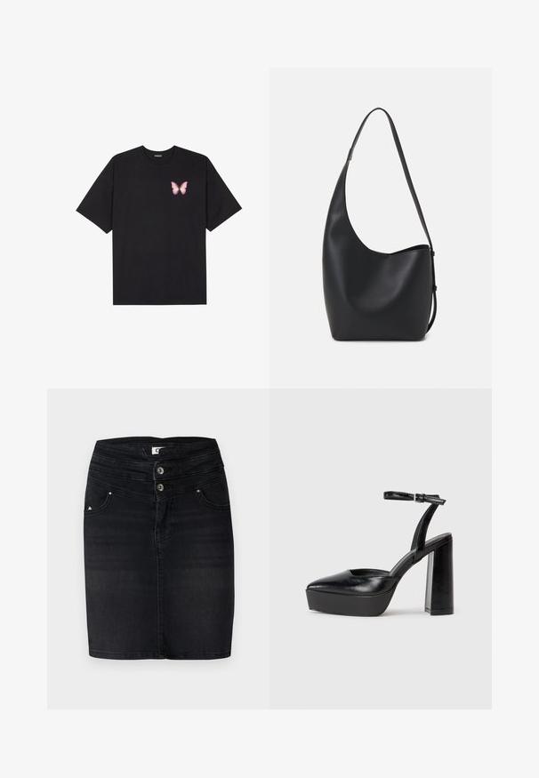 Must muströöpidega must puuvillane T-särk, vasakul rinnal on väike roosa liblikas. Ümar kaelus ja vabalt istuv lõige.; Mustast denimseelikust, millel on istuv disain, kaks nööpi vööl ja esikotid koos diskreetse logo detailiga küljepeal.; Mustad platvormi kontsad terava ninaga ja reguleeritava pahkluuraamiga. Valmistatud siledast nahast, funktsioneerib massiivse plokknäheeliga.; Mustast nahast hobo kott, millel on sile tekstuur, kumer kuju ja üks reguleeritav rihm; peal on lai avaus.