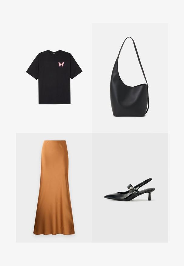 T-shirt en coton noir à manches courtes, avec un petit graphique de papillon rose sur la poitrine gauche. Modèle à col rond avec une coupe décontractée.; Jupe maxi en satin marron avec une taille cintrée et un bas évasé. Texture lisse avec une couleur unie, sans motifs ni matériel visible.; Escarpins slingback en cuir verni noir avec un bout pointu et un petit talon bloc, mettant en avant un accent en boucle argentée sur la sangle.; Sac hobo en cuir noir avec une texture lisse, une forme incurvée et une seule sangle réglable ; dispose d'une large ouverture en haut.