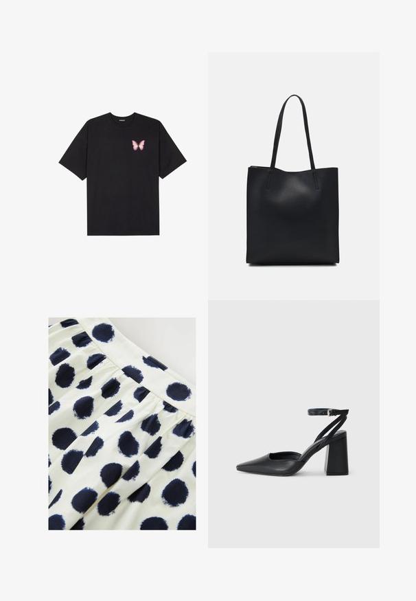 Zwarte katoenen t-shirt met korte mouwen, voorzien van een kleine roze vlinder graphic op de linkerkant van de borst. Crew neck ontwerp met een relaxte fit.; Witte stoffen rok met marineblauwe ronde stippen. De rok heeft een gathered taille en een gladde textuur.; Zwarte leren puntige pump met een enkelbandje en een chunky hak. Vlakke textuur, strakke vormgeving en minimalistische esthetiek.; Zwarte leren handtas met een gladde textuur, rechthoekige vorm en twee lange handvaten. Geen zichtbare hardware of versieringen.