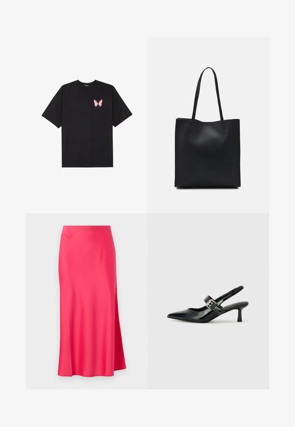 Black cotton t-shirt with short sleeves, featuring a small pink butterfly graphic on the left chest. Crew neck design with a relaxed fit.; Satin midi skirt in bright pink with a side slit. Smooth texture, straight silhouette, and a simple waistband without embellishments.; Black patent leather slingback heels with a pointed toe and a small block heel, featuring a silver buckle accent on the strap.; Black leather tote bag with smooth texture, rectangular shape, and two long handles. No visible hardware or embellishments.