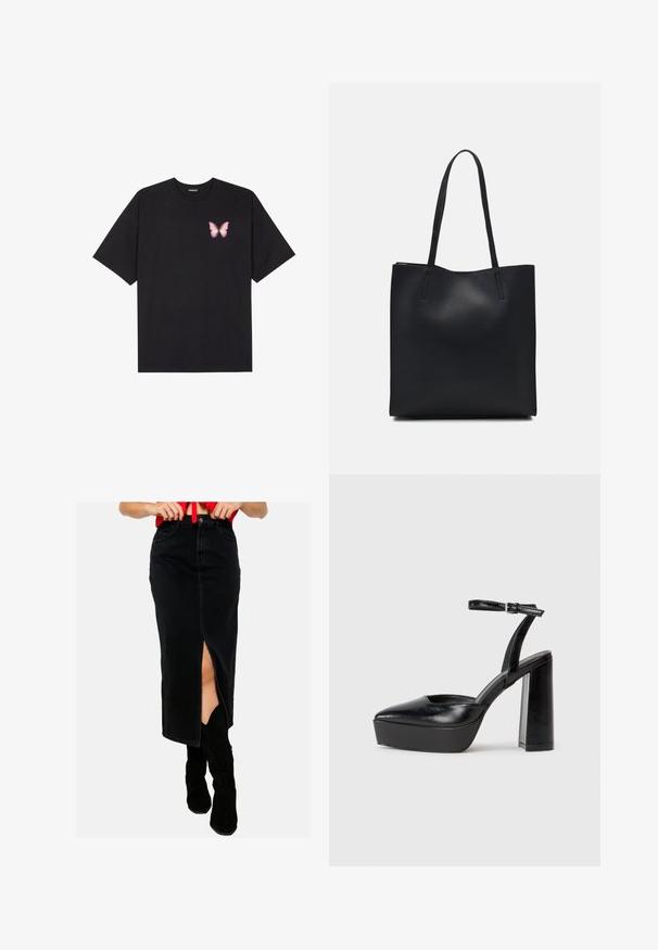 Camiseta de algodón negra de manga corta, con un pequeño gráfico de mariposa rosa en el lado izquierdo del pecho. Diseño de cuello redondo con un corte relajado.; LolaLiza Falda vaquera - black; Zapatos de tacón negro con punta afilada y correa ajustable en el tobillo. Confeccionados en cuero suave, presentan un tacón grueso.; Bolso tote de cuero negro con textura lisa, forma rectangular y dos asas largas. Sin herrajes ni adornos visibles.