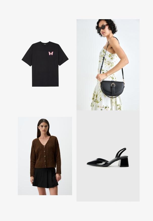 Schwarzes Baumwoll-T-Shirt mit kurzen Ärmeln, das ein kleines pinkes Schmetterlingsmotiv auf der linken Brust zeigt. Crewneck-Design mit einem entspannten Schnitt.; Brauner Kabelstrick-Cardigan mit V-Ausschnitt und sechs Knöpfen auf der Vorderseite; gerippte Bündchen und Saum. Getragen über einem schwarzen Plisseerock.; Schwarze Lackleder-Slingback-High Heels mit spitzem Schuh und einem geometrischen Blockabsatz. Verfügt über ein schlankes, minimalistisches Design und eine glatte Textur.; Schwarze Lederhandtasche mit geschwungener Form, abnehmbarem Tragegurt und goldenen Beschlägen. Die Tasche verfügt über einen Deckel mit einer Schnallen-Details.