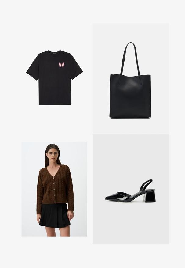 Zwarte katoenen t-shirt met korte mouwen, voorzien van een kleine roze vlinder graphic op de linkerkant van de borst. Crew neck ontwerp met een relaxte fit.; Bruine kabelgebreide cardigan met een V-hals en zes knopen aan de voorkant; ribgebreide manchetten en zoom. Draag een zwarte geplooide rok eronder.; Zwarte gepatineerde leren slingback hakken met een spitse neus en een geometrische blokhak. Kenmerkt zich door een slank, minimalistisch ontwerp en een gladde textuur.; Zwarte leren handtas met een gladde textuur, rechthoekige vorm en twee lange handvaten. Geen zichtbare hardware of versieringen.