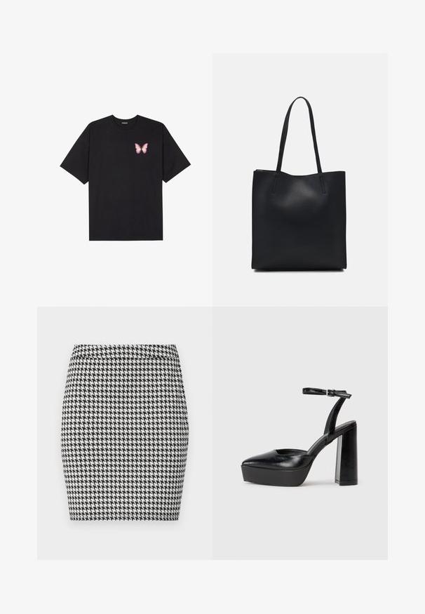 Fekete pamut póló rövid ujjakkal, bal mellkason egy kis rózsaszín pillangó grafikával. Kerek nyakú kialakítás, laza fazonnal.; Fekete-fehér houndstooth minta, testhez simuló szoknya, sima textúrával és egyszínű derékrésszel. Nincs látható hardver vagy kiegészítő.; Fekete platform magassarkú cipők hegyes orral és állítható bokapánttal. Sima bőrből készült, vastag talppal.; Fekete bőrtáska sima felszínnel, téglalap alakú, két hosszú füllel. Nincs látható fémkiegészítő vagy díszítés.