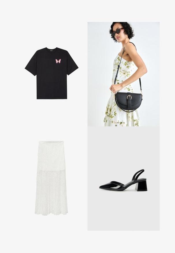 Čierne bavlnené tričko s krátkymi rukávmi, s malým ružovým motýlikom na ľavej hrudi. Design s okrúhlym výstrihom a uvoľneným strihom.; Biely čipkový maxi sukňa s jemnými kvetinovými vzormi, polpriehľadnou textúrou a A-liniovým strihom. Elastický pás pre pohodlie.; Čierne lakované kožené sandálové podpätky s špicatou špičkou a geometrickým blokovým podpätkom. Disponujú elegantným, minimalistickým dizajnom a hladkým povrchom.; Čierna kožená kabelka s zaobleným tvarom, odnímateľným popruhom a zlatými doplnkami. Kabelka má klopu s detailom s prackou.