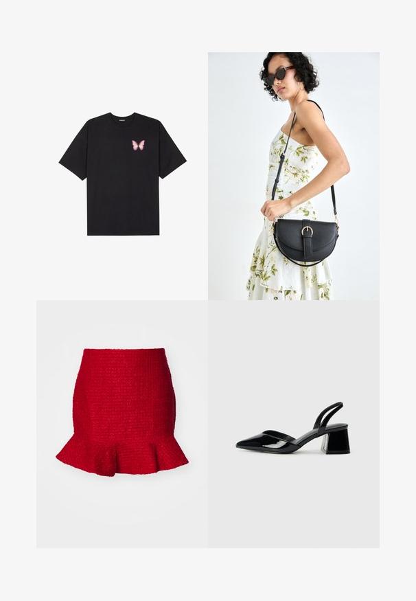 Fekete pamut póló rövid ujjakkal, bal mellkason egy kis rózsaszín pillangó grafikával. Kerek nyakú kialakítás, laza fazonnal.; Piros, texturált, mini szoknya fodros szegéllyel. Szőtt anyagból készült, testhez simuló sziluettjével és finom mintázatával rendelkezik.; Fekete lakk bőr szandálkés magas sarkú cipő, hegyes orral és geometrikus tömbsarkakkal. Karcsú, minimalista dizájn és sima textúra jellemzi.; Fekete bőrtáska ívelt formával, levehető pánttal és arany színű fémrészekkel. A táskán egy csattal díszített fedél található.